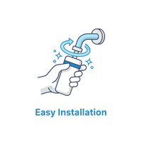 Create a clean, vector-style icon that visually represents Easy Installation of a shower filter.
Show a human hand twisting a cylindrical shower filter onto a standard shower arm.
Include motion arrows to show twisting action, and small sparkles or stars to suggest ease and cleanliness.
Use soft, modern colors (white, blue, light gray) with a minimal, professional look.
The icon should have a rounded, clean style and work on both light and dark backgrounds.
Add the label text: 'Easy Installation' below the 